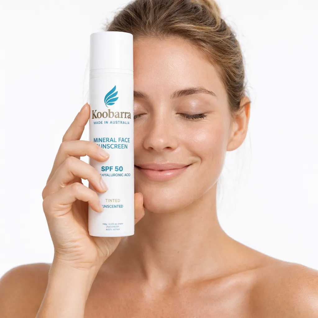 A woman holding Koobarra sunscreen against her cheek