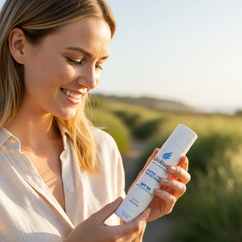 A woman outdoors in late sun holding a bottle of Koobarra sunscreen