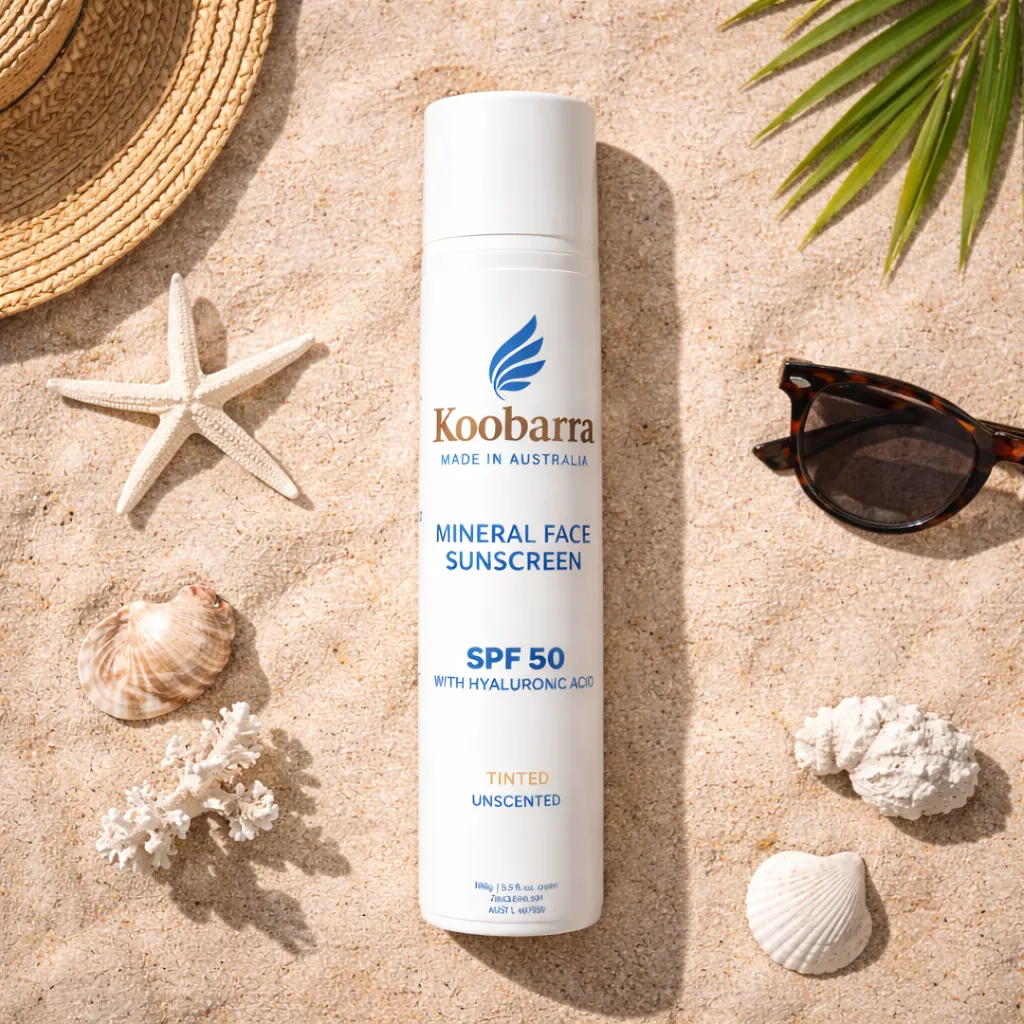Koobarra sunscreen on the sand with shells and sunglasses